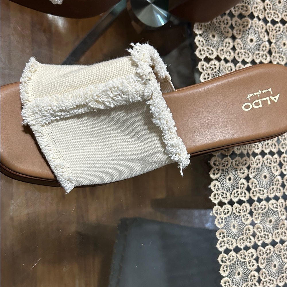ALDO Cream Frayed Fabric Slide Sandals